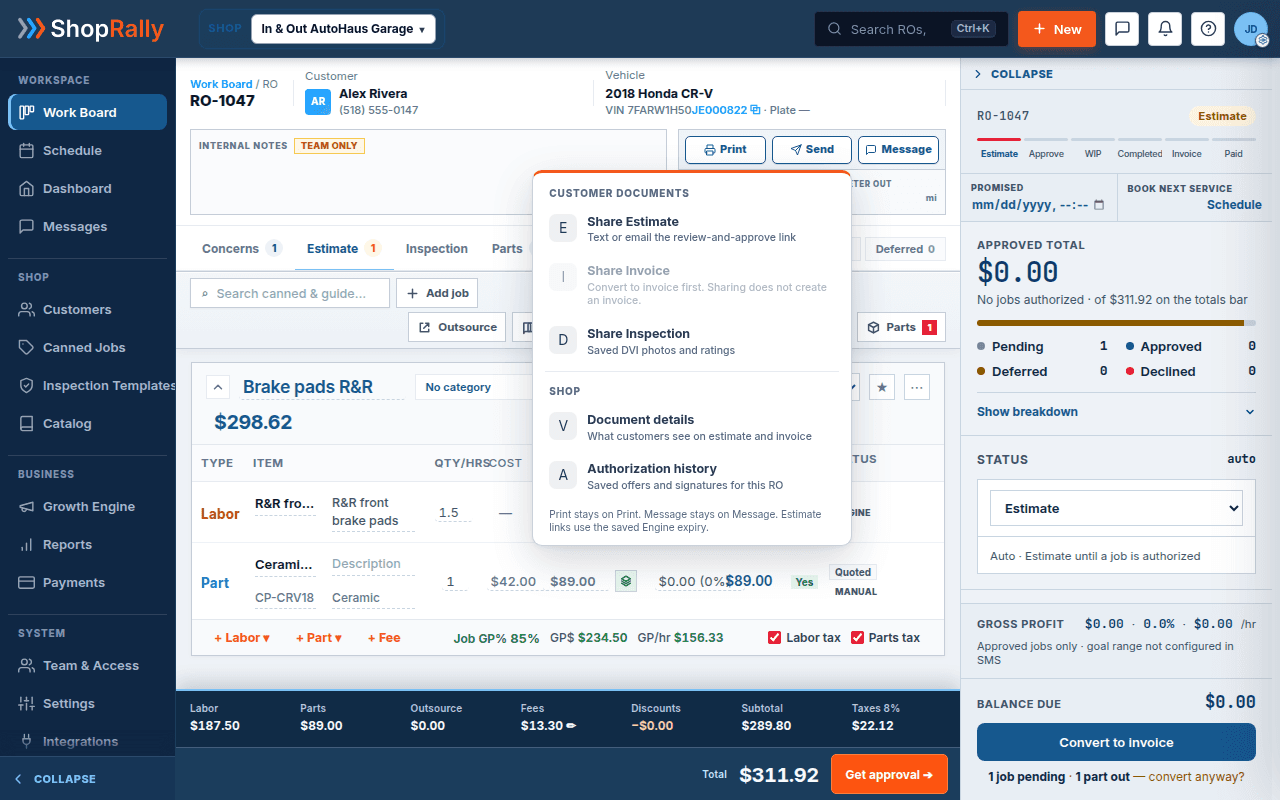 Live ShopRally SMS: RO-1047 estimate workspace with Share Estimate — Text or email the review-and-approve link