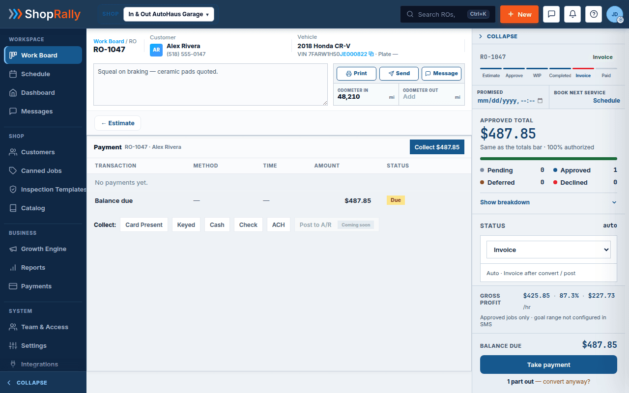 Live ShopRally SMS: RO-1047 Payment tab — paid-to-date empty, balance due $487.85, Collect $487.85, recorded method chips Card Present / Keyed / Cash / Check / ACH