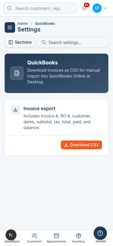 Live ShopRally Engine Settings at phone width: QuickBooks Invoice export and Download CSV
